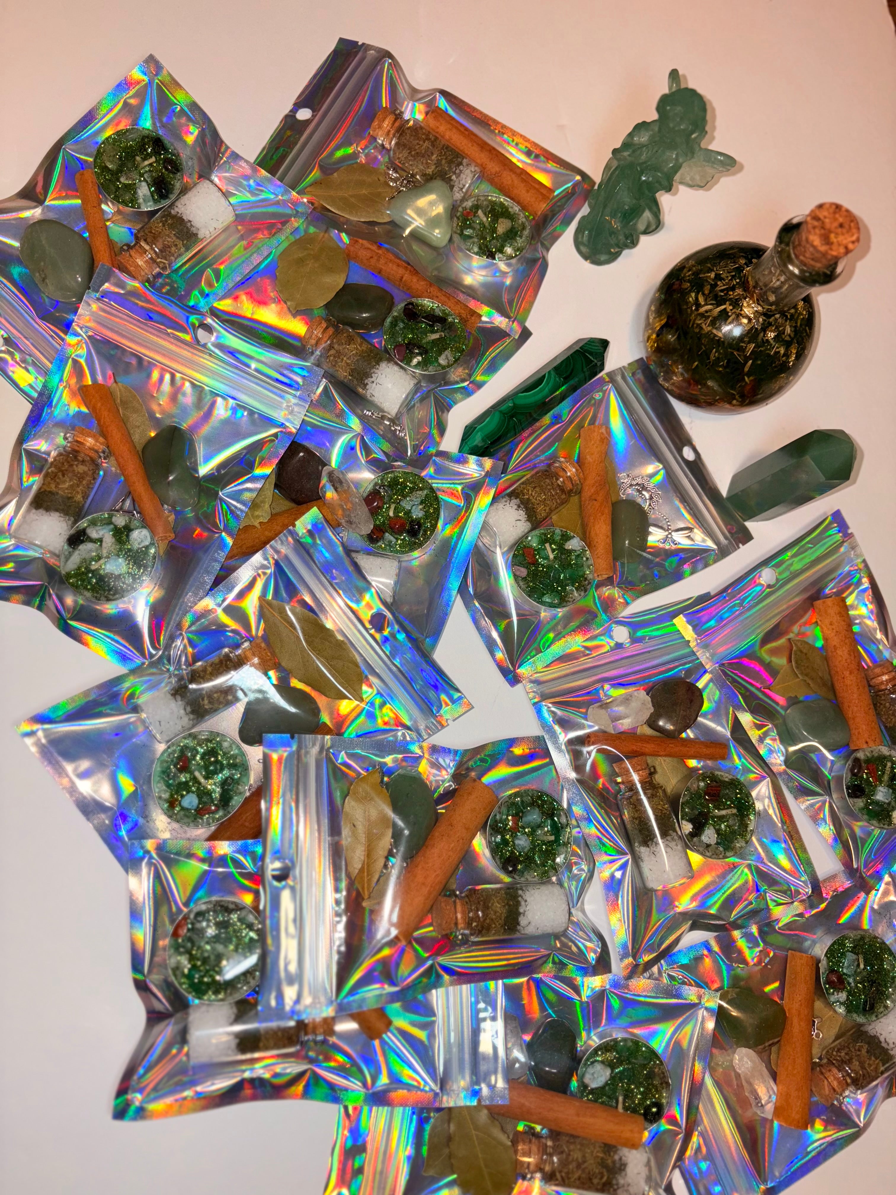 Money Kit with handcrafted tea lights and spell jar with green aventurine crystals