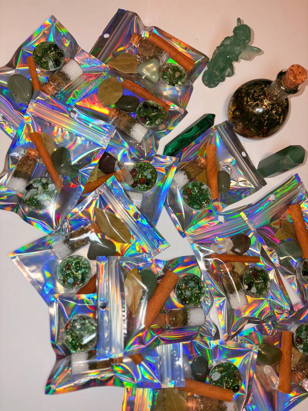 Money Kit with handcrafted tea lights and spell jar with green aventurine crystals